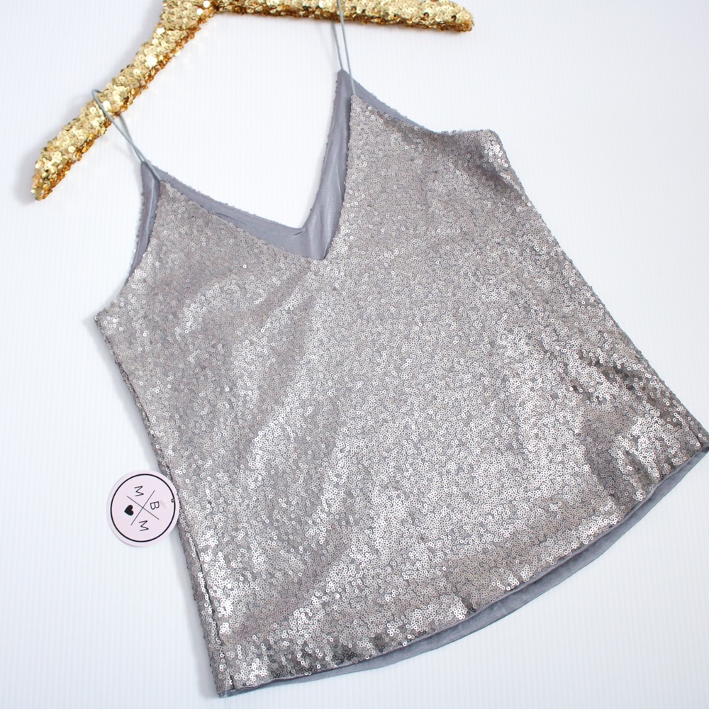 Silver Sleveless V Neck Sequin Cami Blouse - Picture 8 of 8
